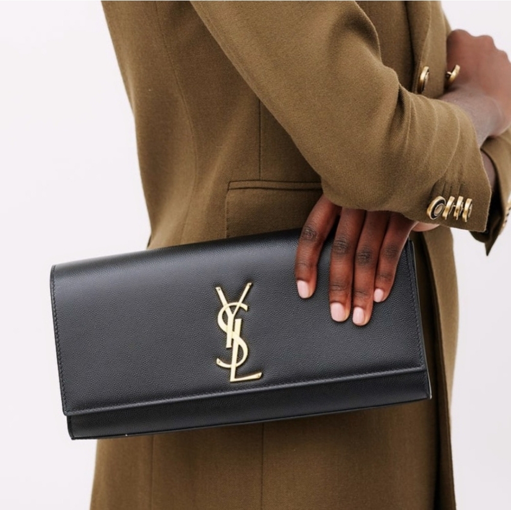 MSRP $1,495 AUTHENTIC YSL Saint Laurent Monogram Kate Clutch Cavier Leather